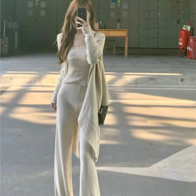 Autumn Winter Solid Knitted 3piece Set Women Tank Top Long Pants Cardigan Sweater Pullover Korean Fashion Casual Outfits New