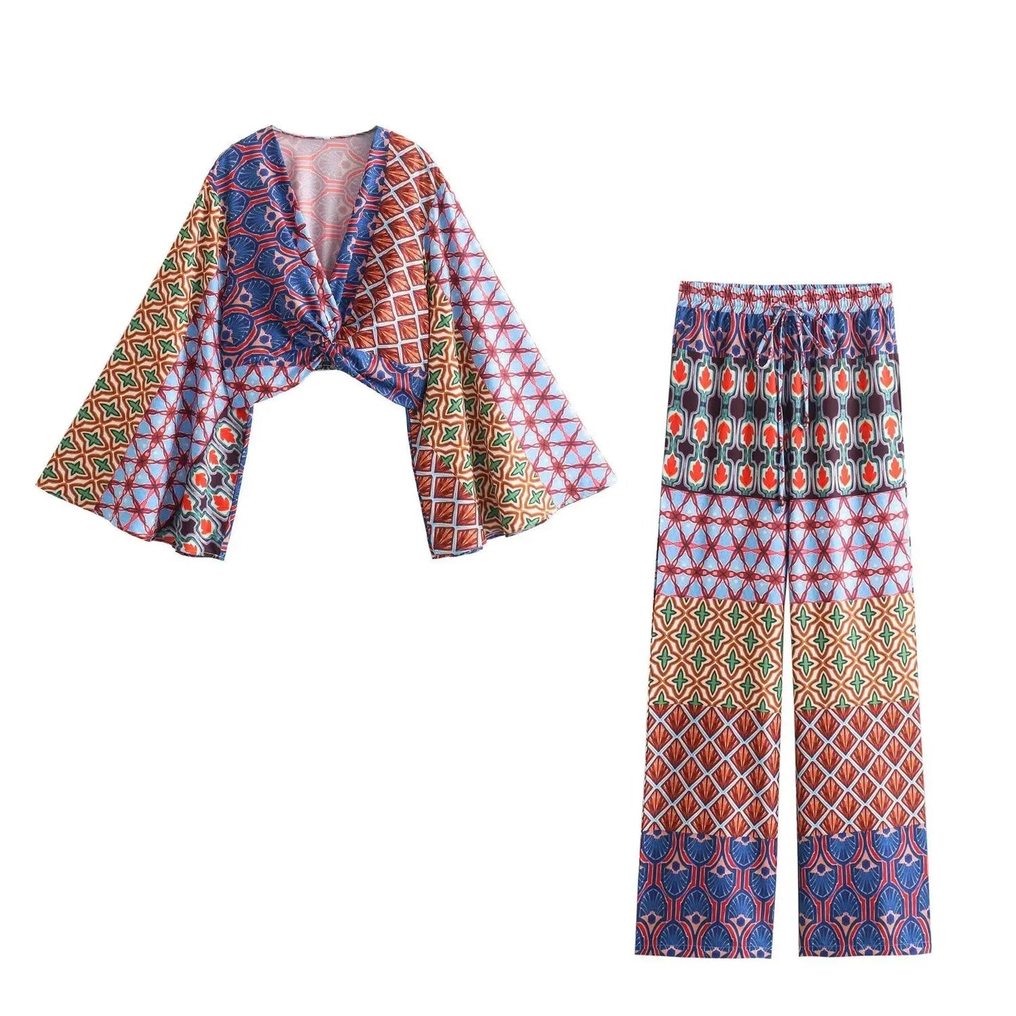 Women Boho 2 Piece Set Elegant Vneck Wide Long Sleeves Printed Crop Top Female Vintage Elastic High Waist Loose Pants
