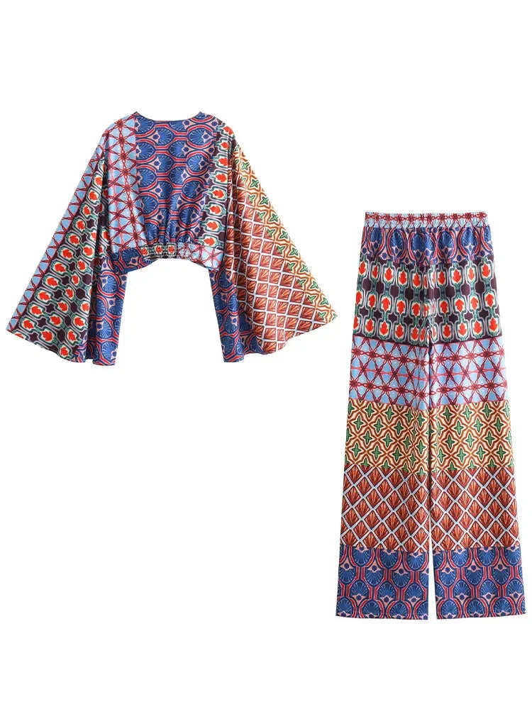 Women Boho 2 Piece Set Elegant Vneck Wide Long Sleeves Printed Crop Top Female Vintage Elastic High Waist Loose Pants