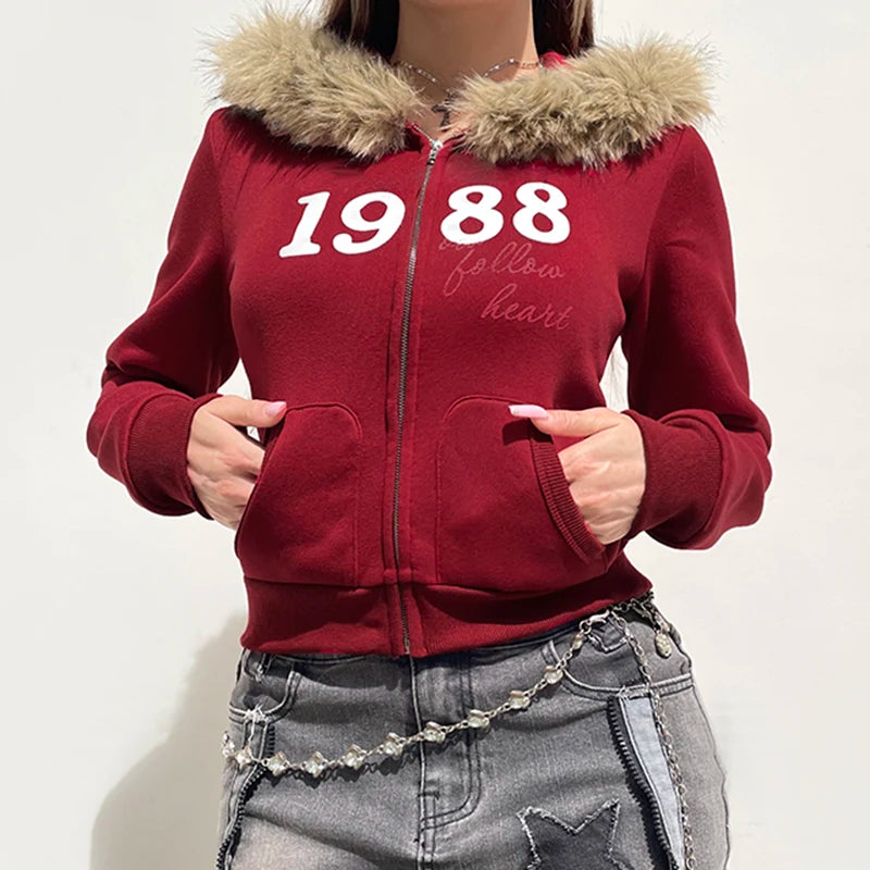 Y2K Fur Trim Hooded Sweatshirt Red Letter Print Zipper Coat with Pocket Women Streetwear Winter 90s Outwear Vintage
