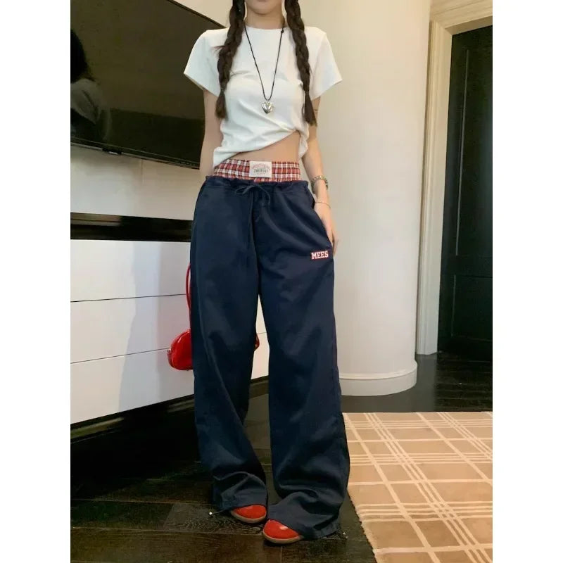 American Contrast Color Patchwork Loose Wide Leg Pants Women Autumn New High Waist Laceup Letters Embroidered Casual Pants