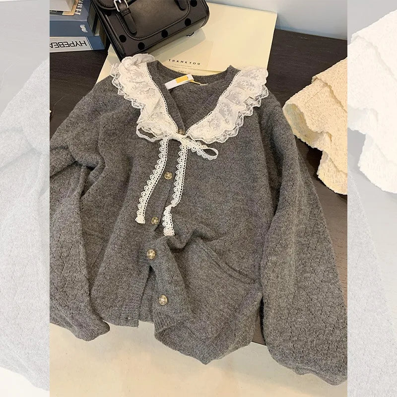 Sweet Fashion Kawaii Sweater Gray Lace Doll Neck Knit Cardigan Women's Clothing Autumnwinter Soft Lazy Vneck Coat