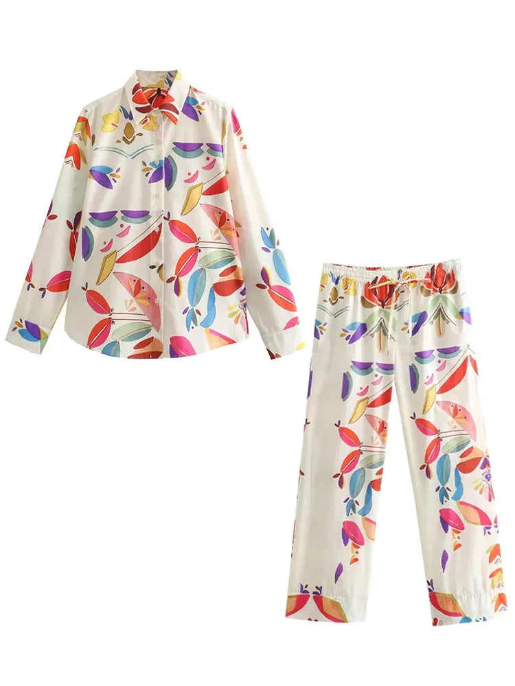 Women Spring Fashion Suit Vintage Printed Lapel Long Sleeves Single Breasted Shirts Female Elastic Waist Wide Leg Pants
