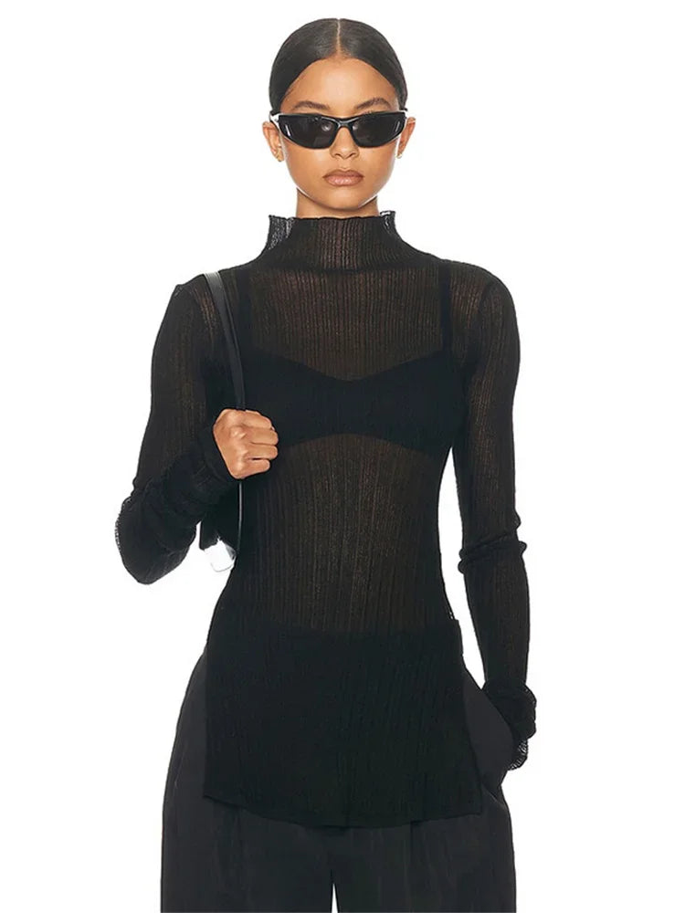 White Knitwear See-Through T-shirt Pullover Female Hollow Out Slim Loose Long Sleeve Casual Tee Women Patchwork Top Tee