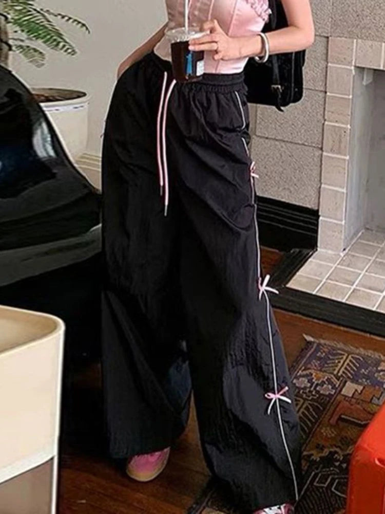Black Baggy Sports Pants Women Y2k Vintage Bow Drawstring Straight Wide Leg Sweatpants Hip Hop Causal Kpop Mujer Bottoms