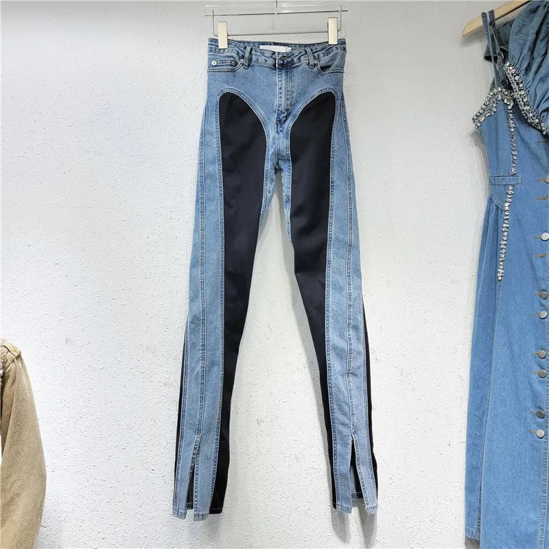 Women's Denim Pants Contrast Color Slim Split Patchwork High Quality Thin Pencil Pants Autumn New Fashion