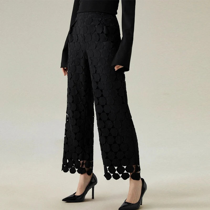 2024 Spring Elegant Solid Irregular Pants Women Sexy Hollow Out Straight Trousers Autumn High Waist Office Ladies Pants Harajuku