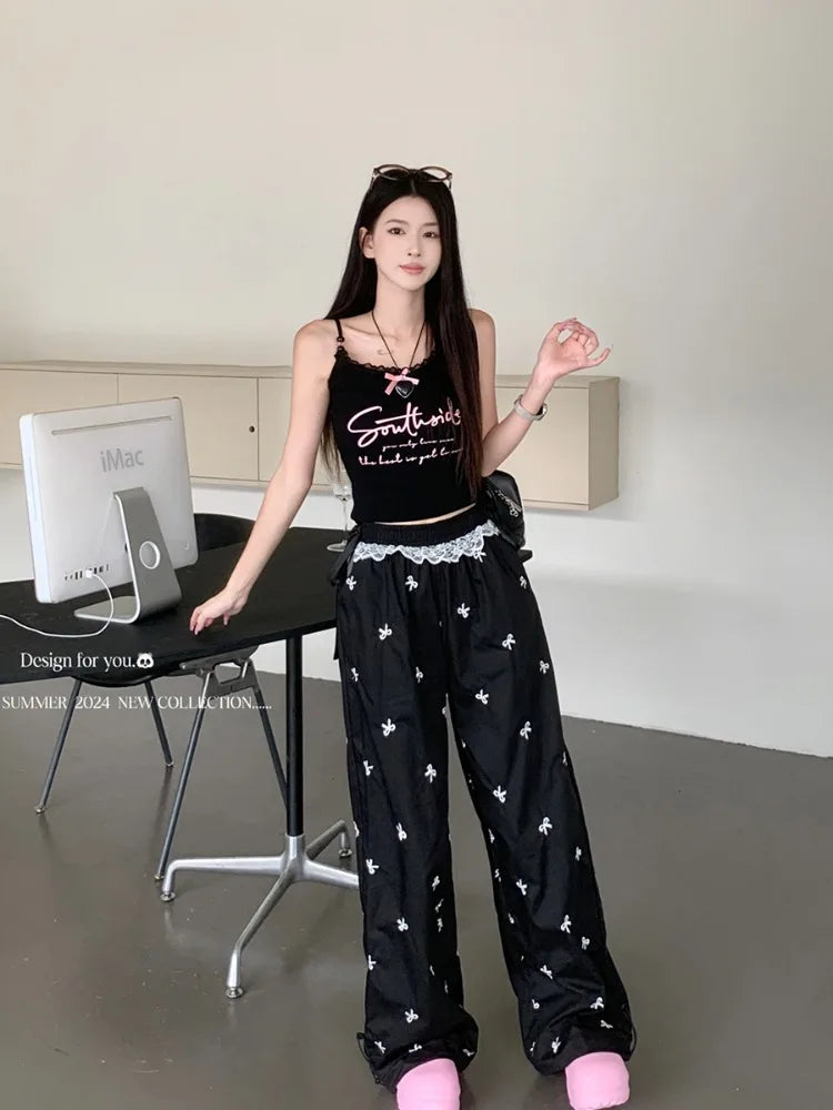 Y2k Coquette Bow Embroidery Wide Leg Pants Women Korean Style Kawaii Sweet Lace Patchwork High Waist Loose Pants Y2k