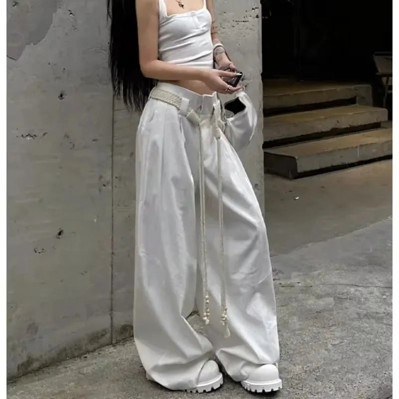 American Retro Pleated Draping Casual White Pants Women Autumn New Streetwear Loose Allmatch Wide Leg Pants with Belt