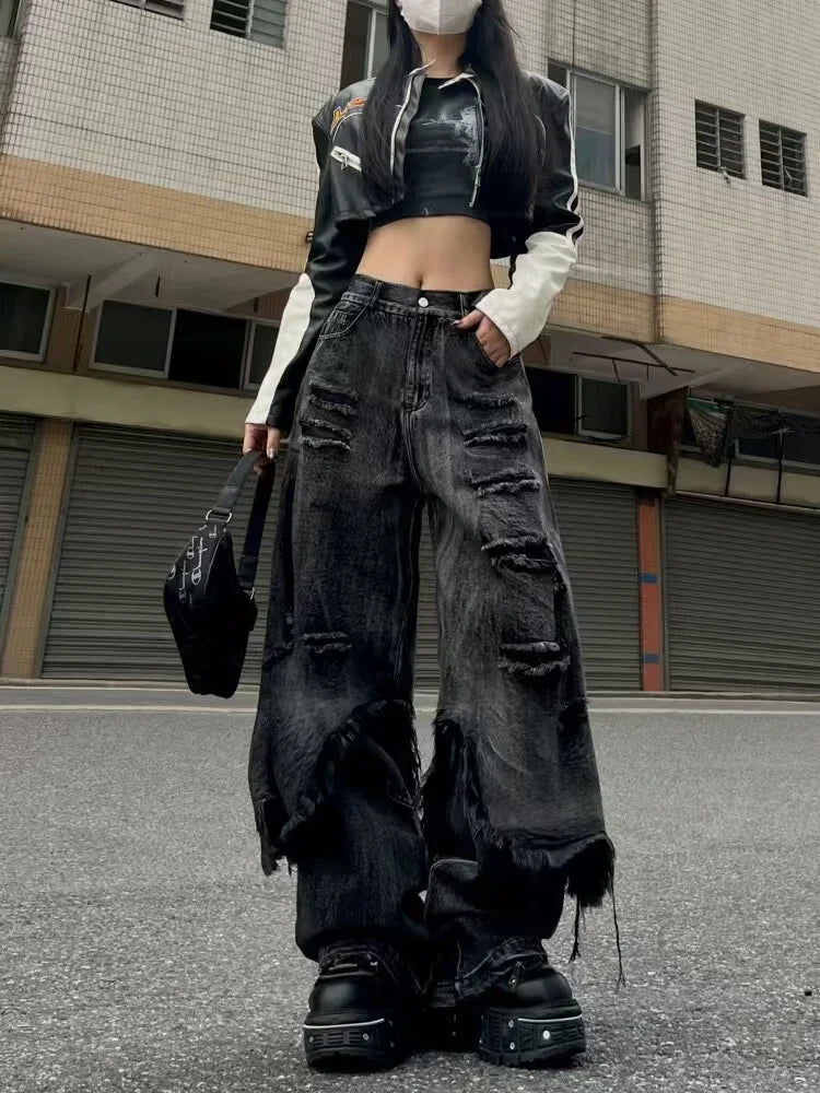 Washed Do Old Ripped Jeans Women Streetwear Hip Hop Retro Oversize Spliced Straight Denim Pants Y2k Causal Mujer Bottoms