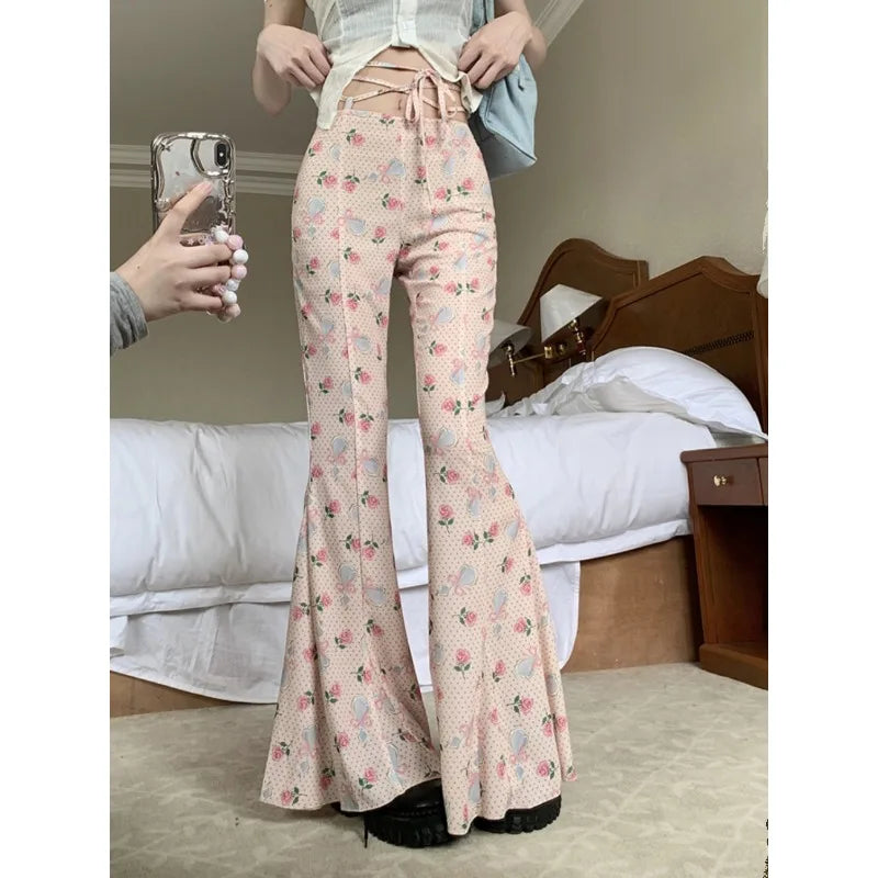 2024 Summer Vintage Korean Retro High Street Print Laceup Waist Trousers Streetwear Fashion Flare Pants