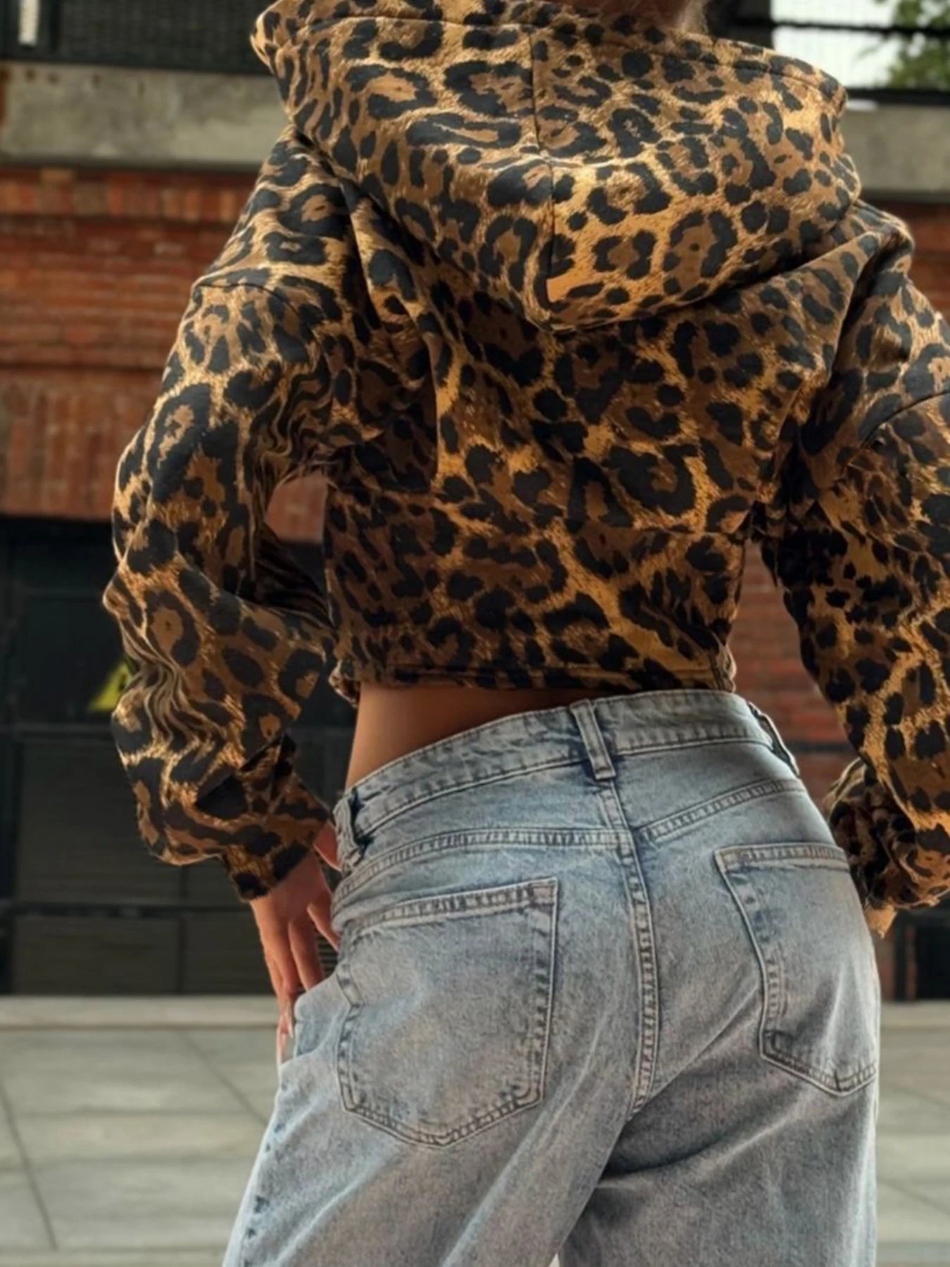 Autumn New Zip Up Hooded Women��s Sweats Long Sleeve Binding Waist Leopard Streetwear Hoodies Gyaru Baddie Y2k