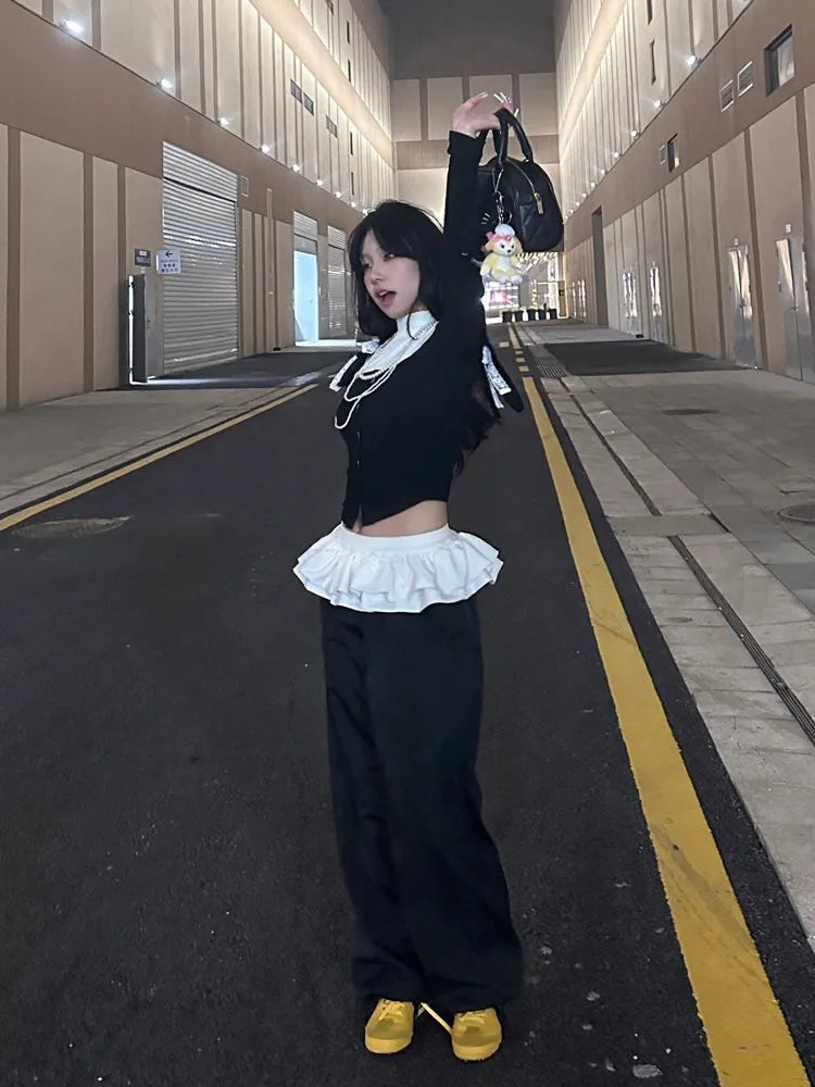 Ballet Skirt Patchwork Straight Pants Women High Street Design Elastic High Waist Sweatpants Korean Style Loose Trousers