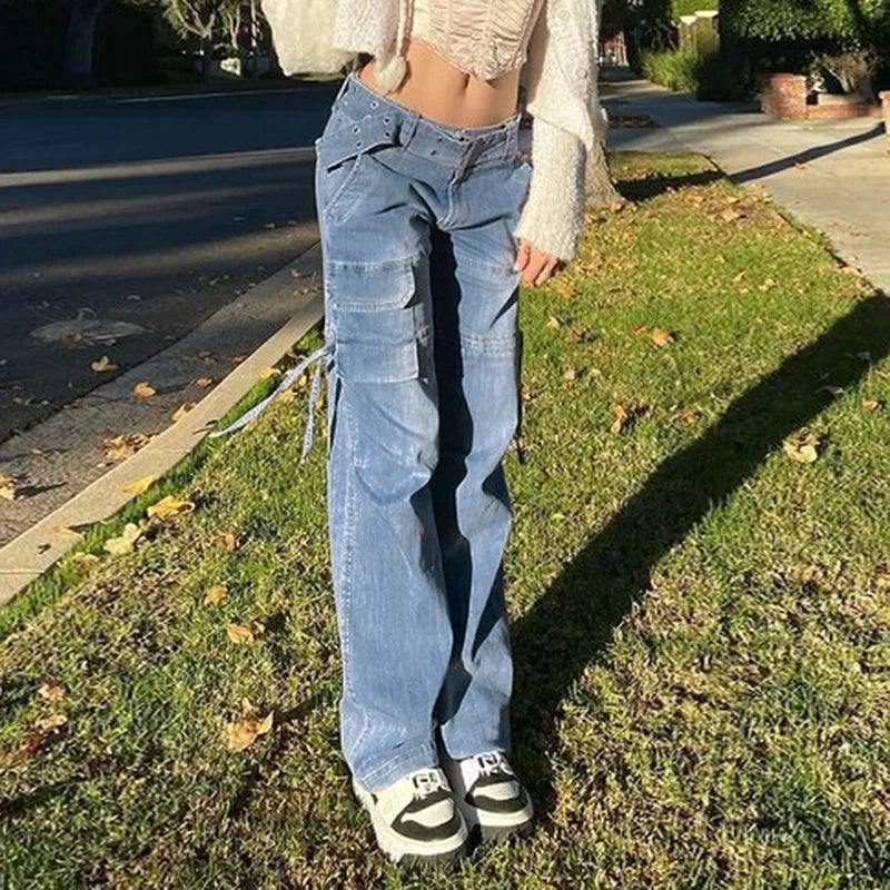 Y2k Street Retro Fashion Jeans Women Midiwaist Sexy Belt Drawstring Casual Straight Pants Women Patchwork Style Streetwear