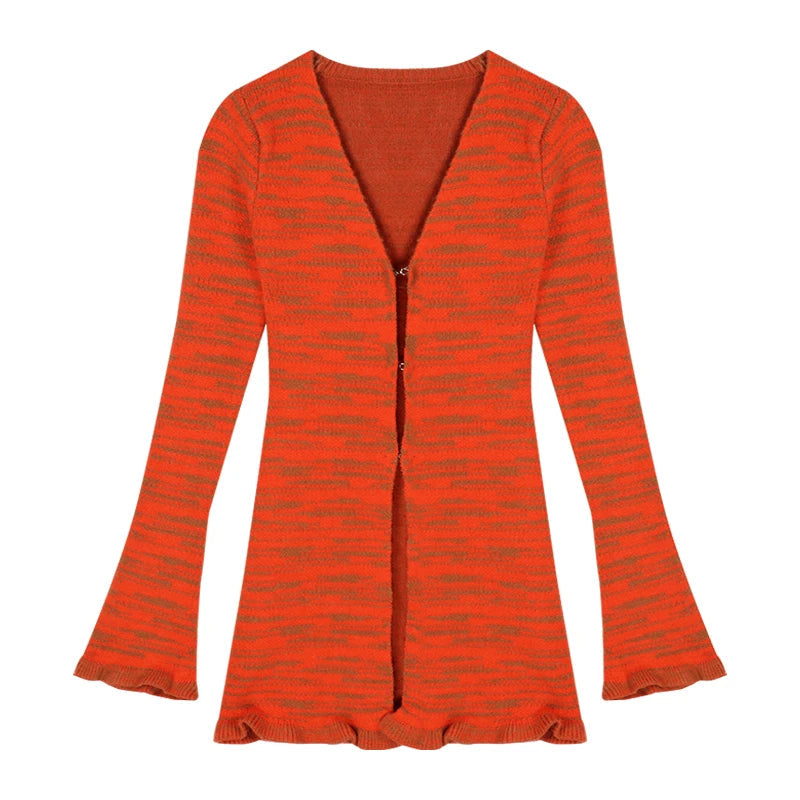 Y2k Orange Striped Suit Fungus Edge Longsleeved Knitted Cardigan Women's Autumn Short Skirt 2piece Set