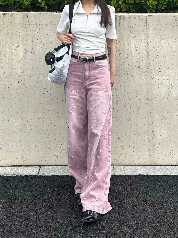 Woman Jeans Denim Pants French Elegance Baddie Gyaru High Street Ins Sweet Korean New Design Ripped Hole Solid Color Loose