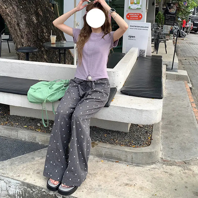 2025 Summer Hot Retro Internet Celebrity Korean New Straight Tube Loose Wave Embroidery Casual Pants Trend