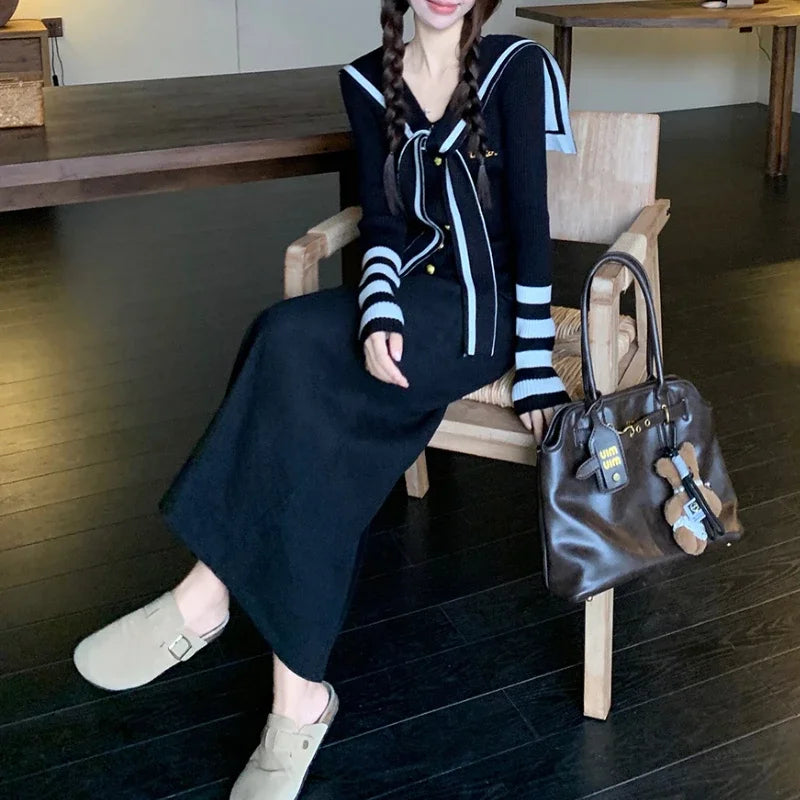 Autumn New Japanese Contrast Color Patchwork Laceup Long Sleeve Cardigan Women + Loose Knitted Aline Skirt Twopiece Suit