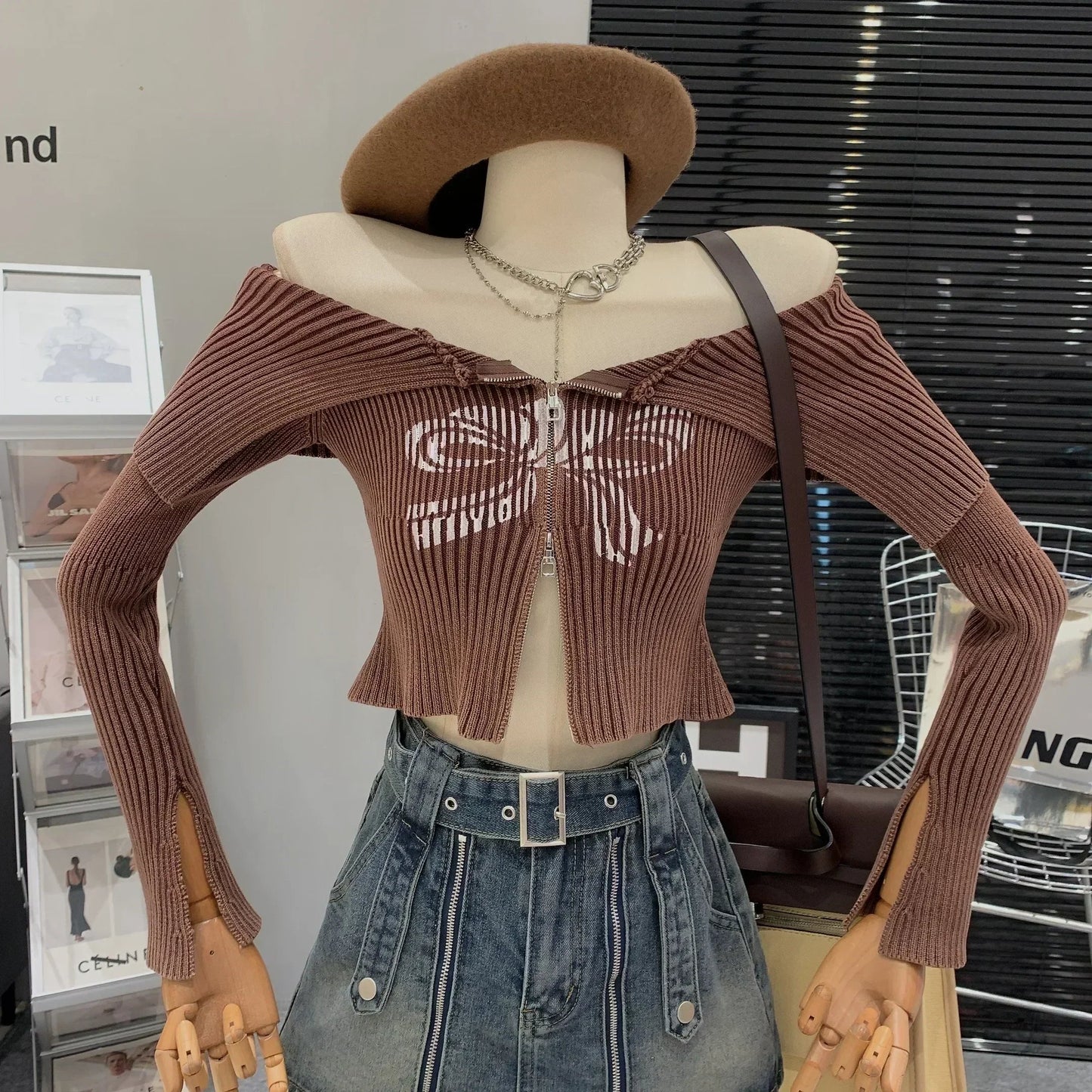 Bow Print Offshoulder Knitwear Gradient Cardigan Sweater Zipper Maillard Style Fairy Grunge Long Sleeve Top Y2k Clothes