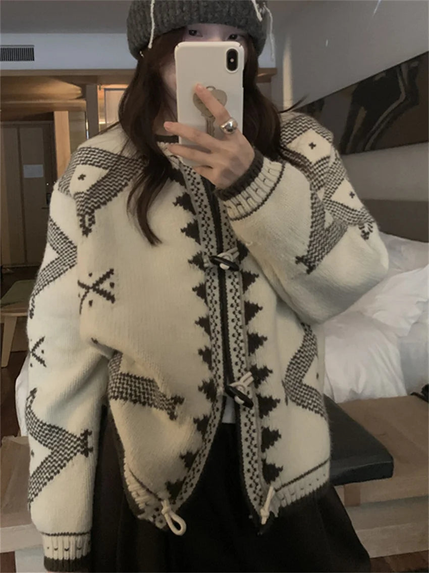 Chic Winter Sweaters Loose Knitwear Women Casual Vintage New Horn Buttons 2025 Slim Office Lady Cardigans Daily Coat