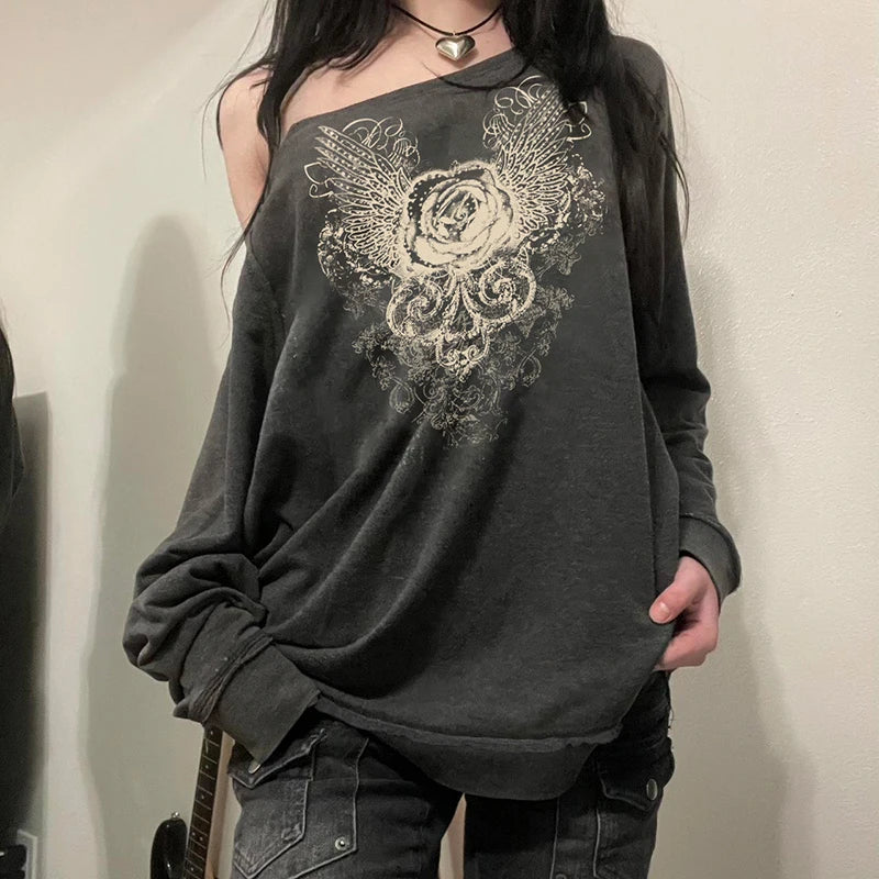Women Graphic Print Slanted Collar Pullovers Y2K Street Outfits Harajuku Fashion Sweatshirt Grunge Style Retro Top