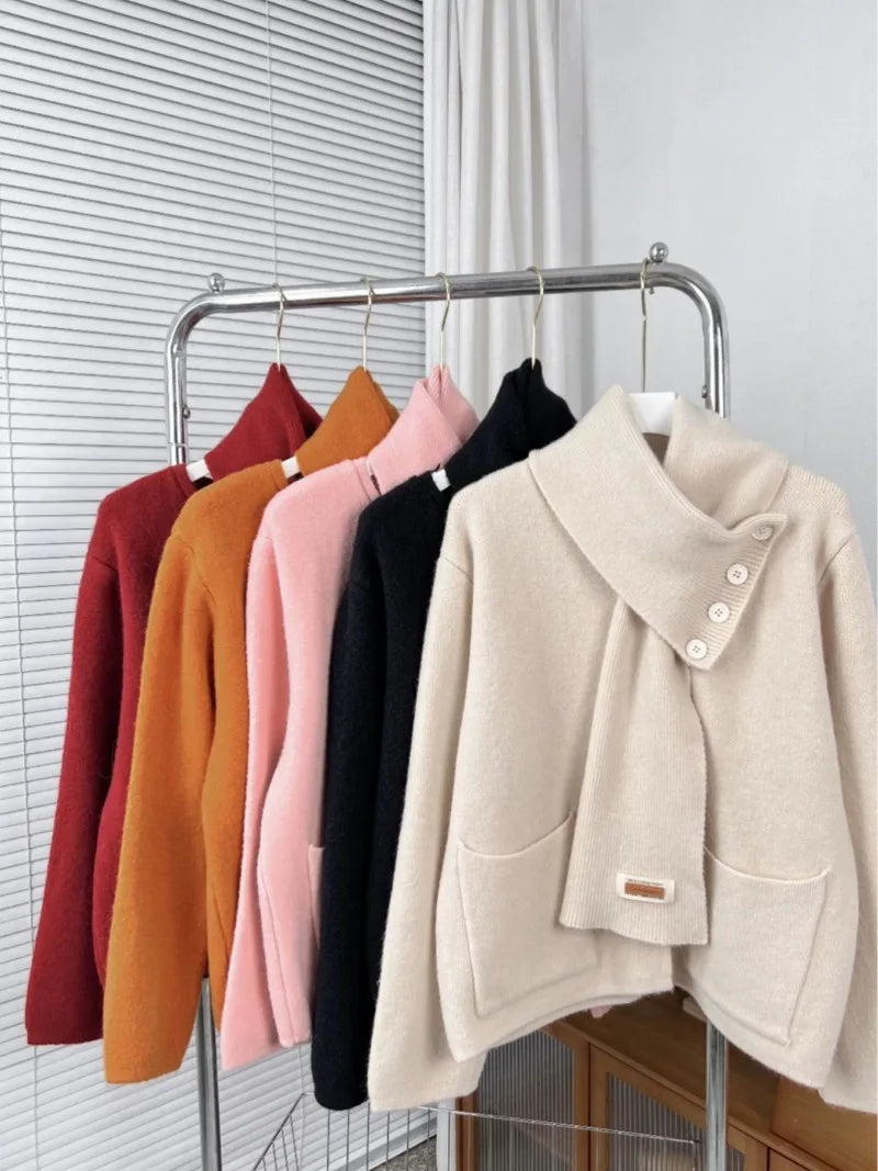 Sweet Hot Girl Christmas Detachable Scarf Knitted Cardigan Women's Fall/winter Loose Longsleeved Sweater Fashion Female Clothes