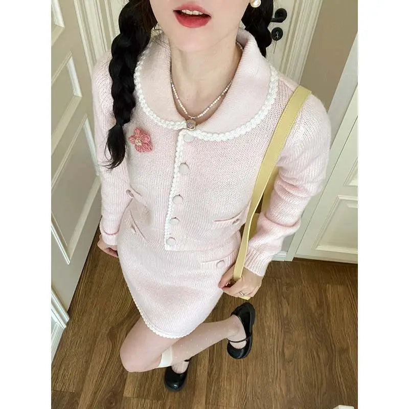 Sweet Hot Girl Suit Women's Autumn Turndown Collar Knitted Cardigan High Waist Wrap Hip Skirt Twopiece Set Female Clothes