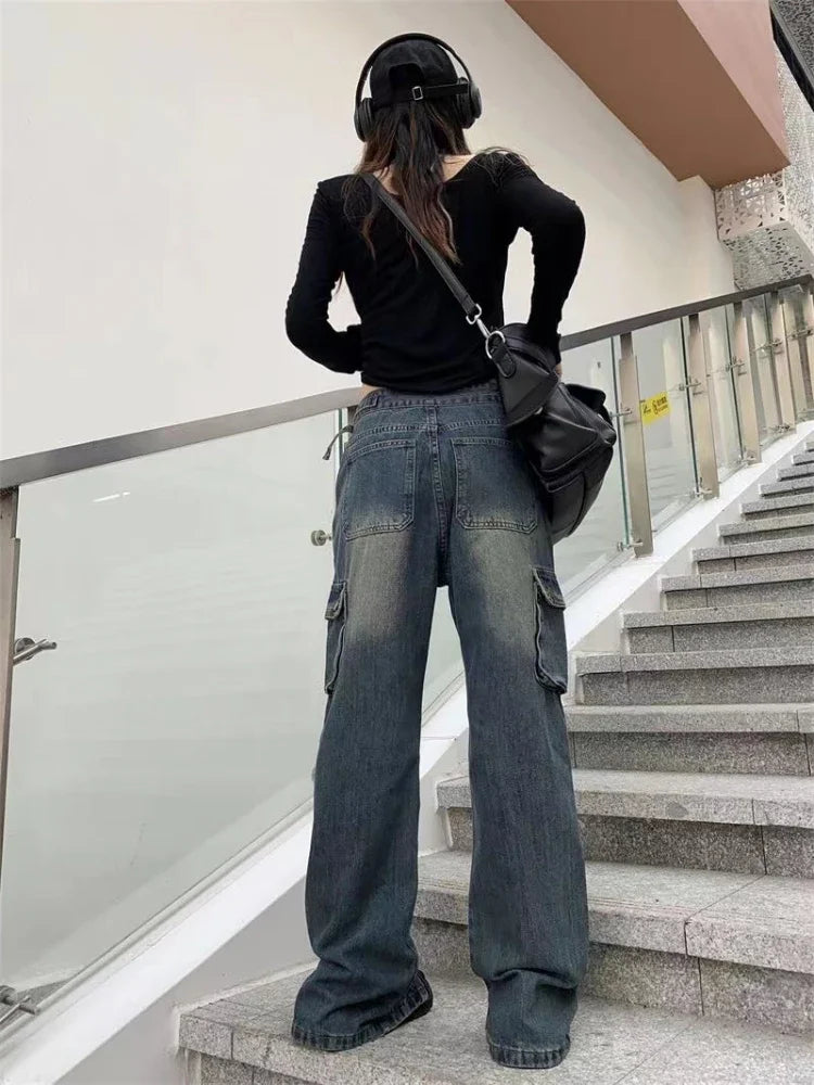 Blue Cargo Pants Women High Waist Washed Jeans American Retro High Street Flared Wide Leg Split Trousers with Zipper New
