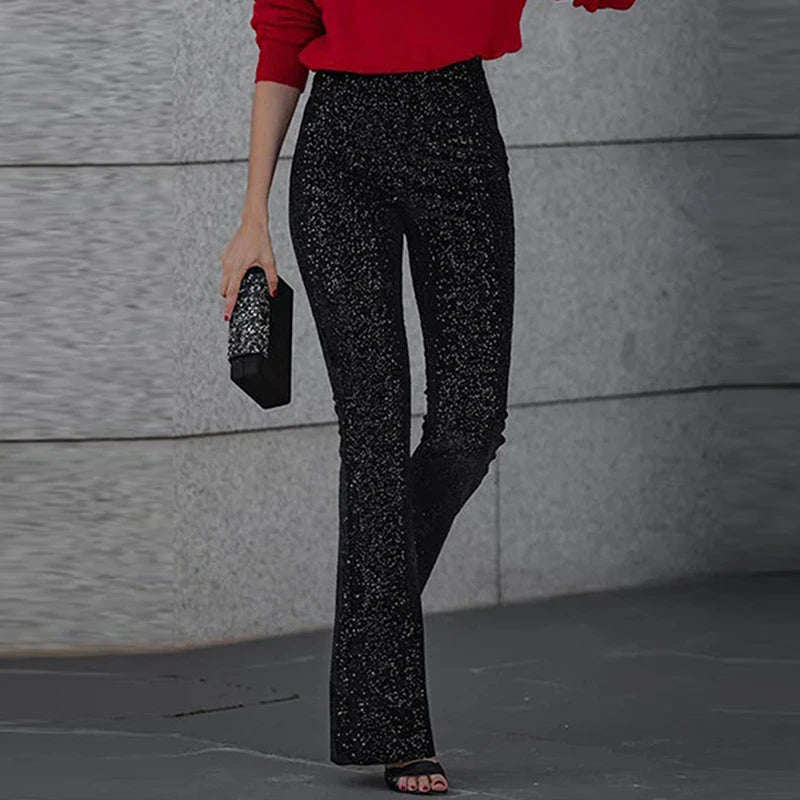 2024 Spring Glitter Sequin Shiny Party Pants Women Elegant High Wiast Slim Flare Trousers New Autumn Fashion Solid Straight Pant