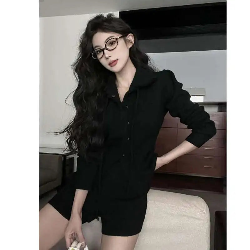 Sweet Hot Girl Casual Suit Women's Spring Turndown Collar Knitted Cardigan High Waisted Shorts Twopiece Set Female Clothes