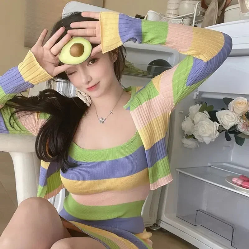 Sweet Hot Girl Suit Women's Autumn and Winter Striped Slim Fit Wrap Hip Strap Dress Longsleeved Knitted Cardigan Twopiece Set