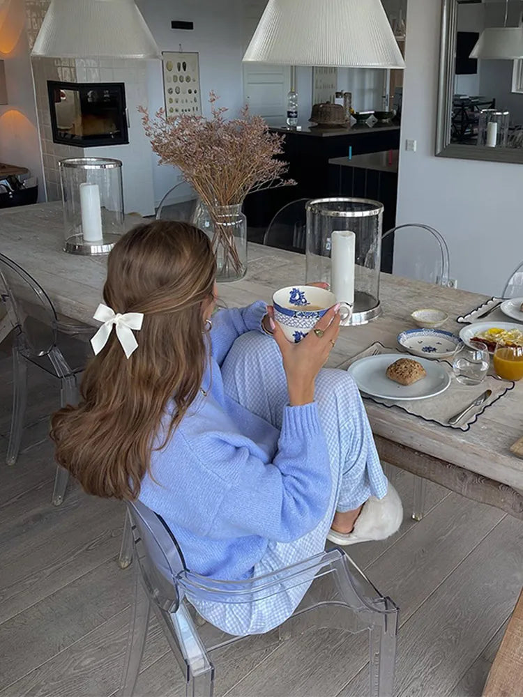 Women Casual Loose Blue Sweater Fashion Solid O Neck Cropped Pullover Tops Female Autumn Vintage Chic Knitted Streetwear