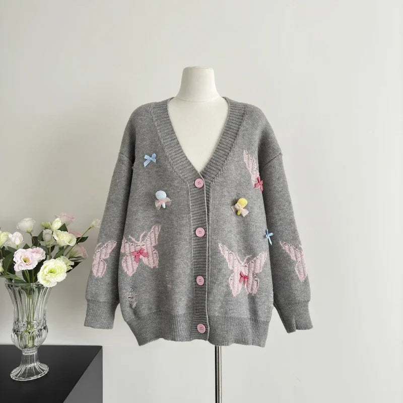 Sweet Hot Girl College Style Bow Tie Sweater Jacket Women's Autumn and Winter Loose Knitted Cardigan Fashion Female Clothes