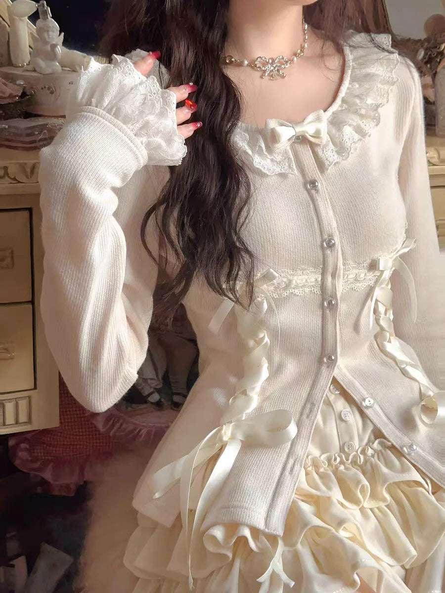 Women's Soft Sweater Cardigan 2024 New Autumn Bow Pearl Single Breasted Oneck Sweater Sweet Coat
