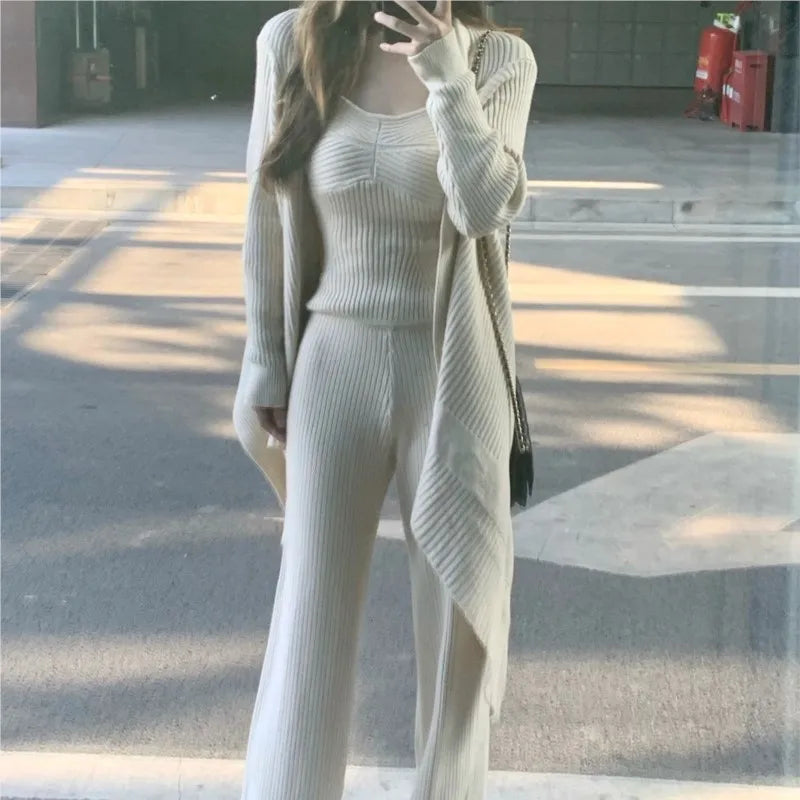 Autumn Winter Solid Knitted 3piece Set Women Tank Top Long Pants Cardigan Sweater Pullover Korean Fashion Casual Outfits New