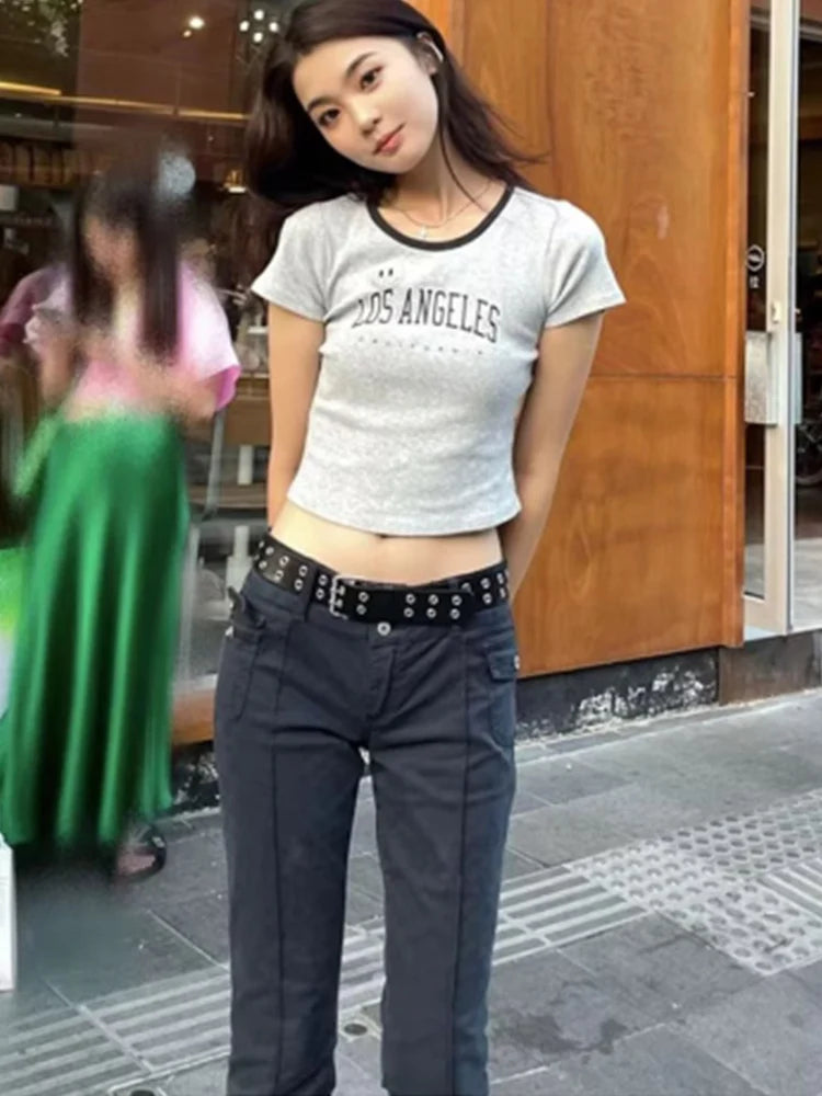 Casual Women Black Flared Pants Summer Fashion Ladies Low Waist Pockets Ornamnet Solid Color Pants Female Chic Bottoms
