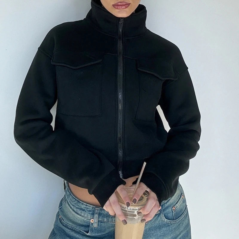 Women Pocket Sweatshirt Casual Solid Color Zipper Crop Jacket Autumn Outfits Turtleneck Fashion Y2K Coat Streetwear