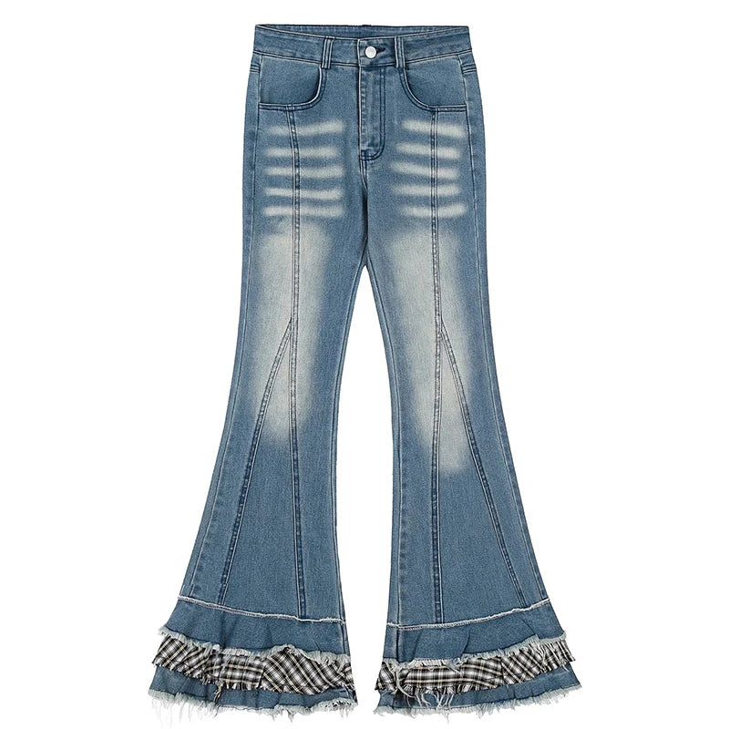 Women Stitch Raw Edge Ruffle Hem Flare Jeans Retro Tartan Plaid Whiskers Boot Cut Pants Grayu Y2k Korean Streetwear
