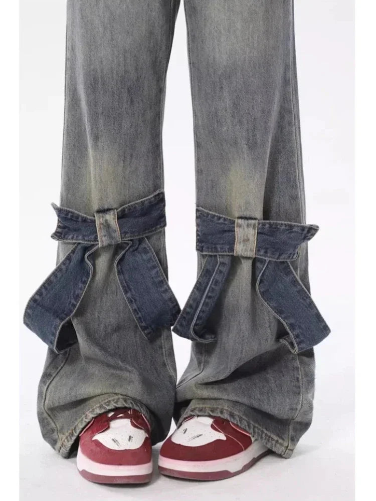 Blue Flared Jeans Women Kawaii Wide Leg Pants with Bow Korean Style Spring Fashion Cutecore High Wasit Denim Trousers