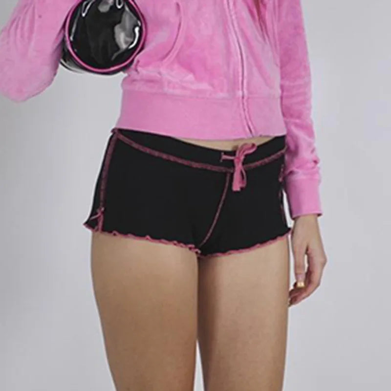 Sweet Korean Stitched Low Waisted Summer Shorts for Women Coquett Clothes Bow Ruched Skinny Hotpants Kawaii Homewear