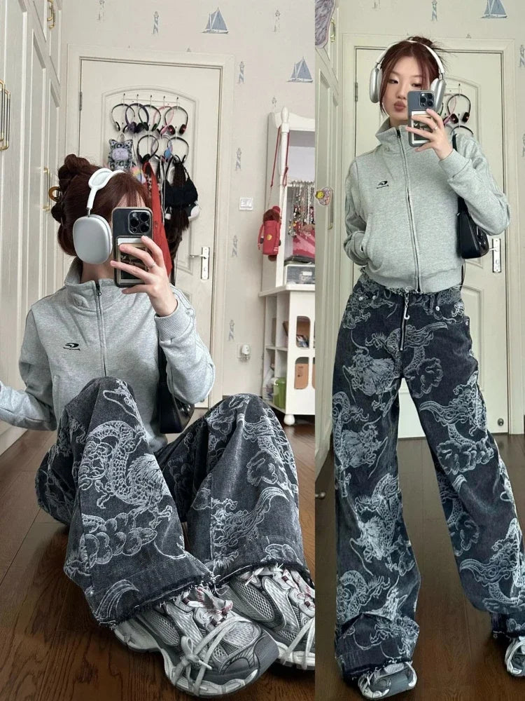 Chinese Style Jeans Women Y2k Vintage Baggy Dragon Print High Waist Zip Wide Leg Denim Pants Hip Hop Causal Kpop Bottoms