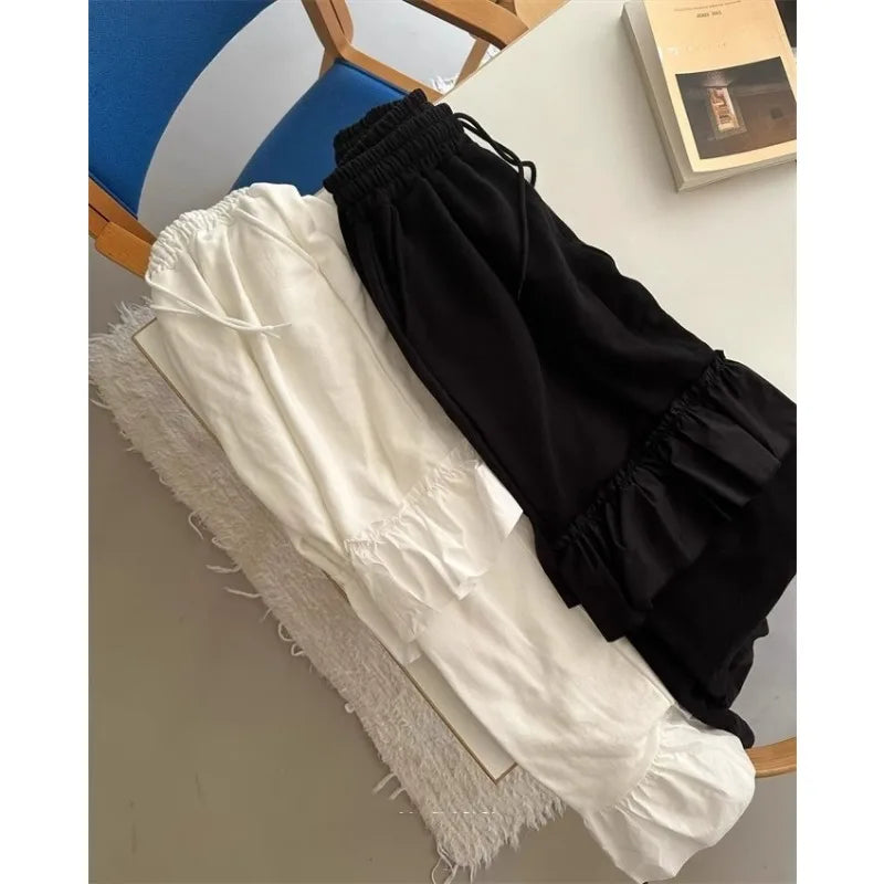 Vintage Korean Retro Ruffled Stitching Drawstring Casual Pants Women Spring and Summer Chic White Flare Pants