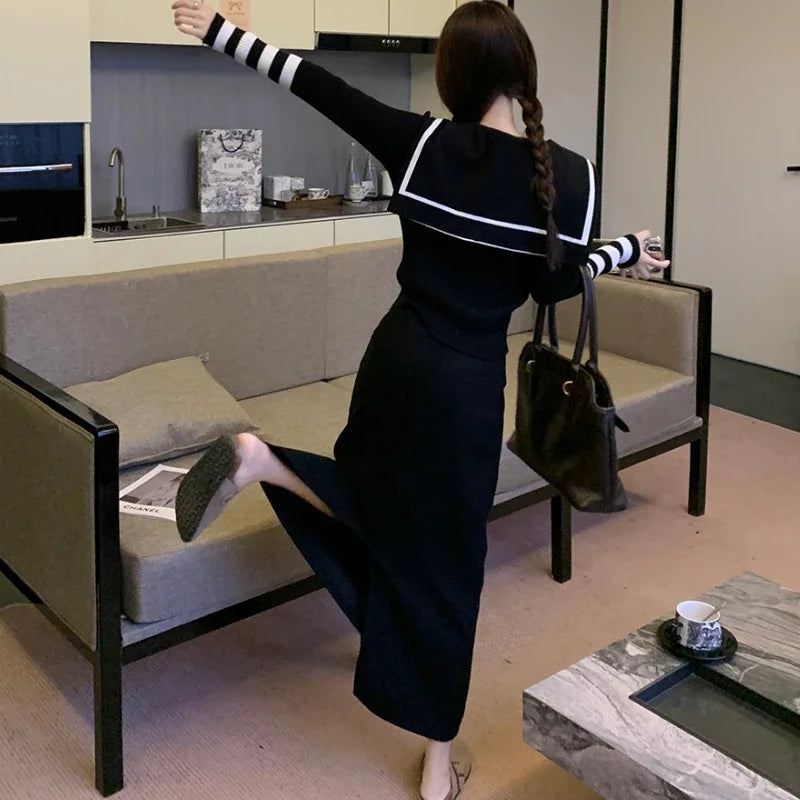 Autumn New Japanese Contrast Color Patchwork Laceup Long Sleeve Cardigan Women + Loose Knitted Aline Skirt Twopiece Suit