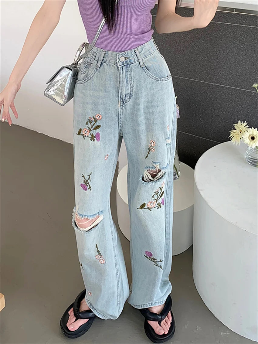 Women Embroidery Flowers Jeans Autumn OL Hole Chic Loose Fashion Slim New Straight Denim Streetwear Pants