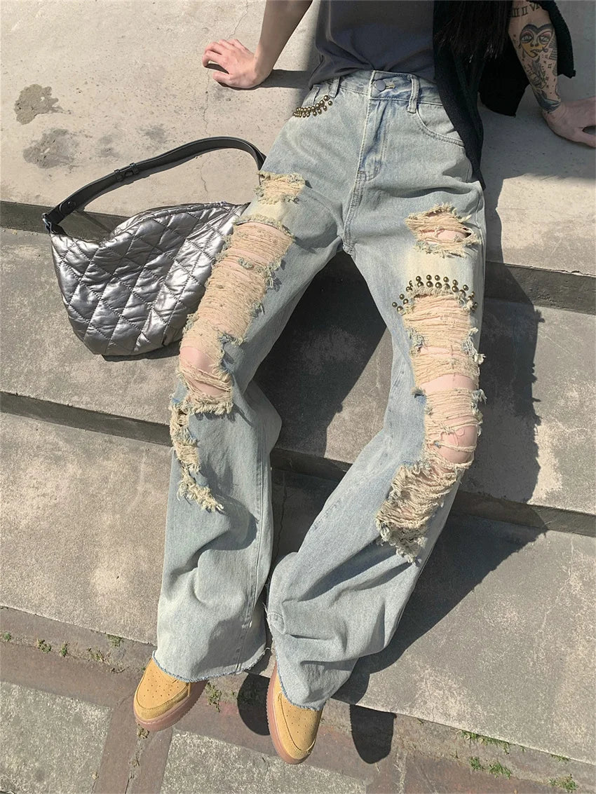 Autumn Hole Streetwear Jeans Women High Waist Straight Loose Wide Leg Chic Slim Vintage Office Wear Daily Pants