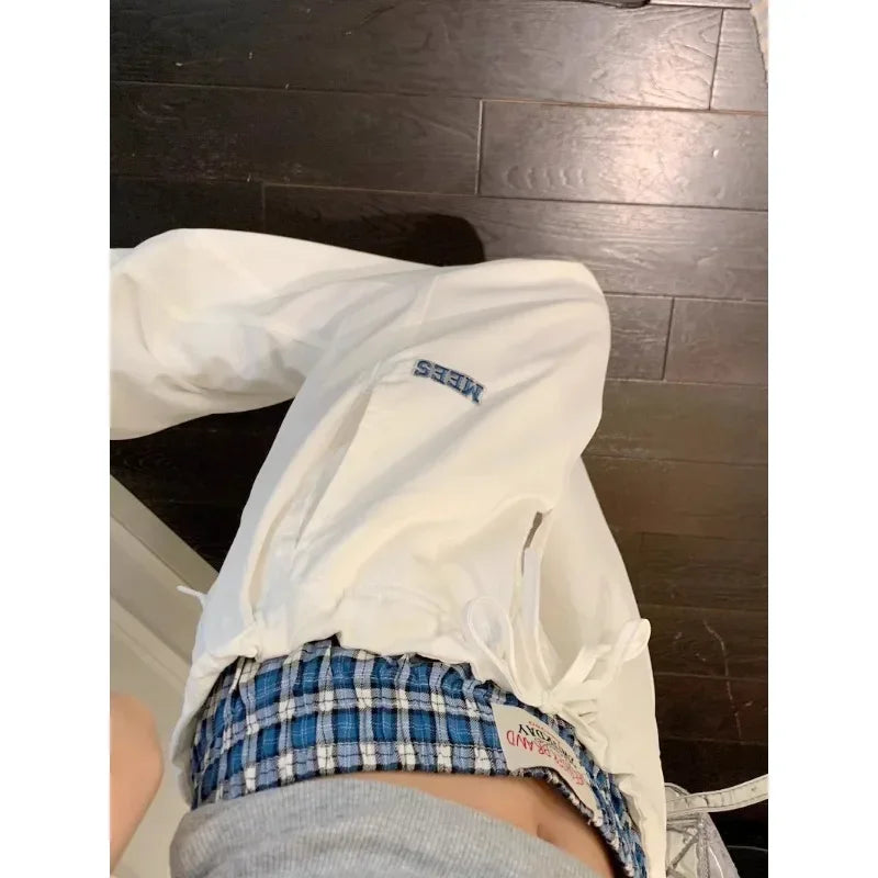 American Contrast Color Patchwork Loose Wide Leg Pants Women Autumn New High Waist Laceup Letters Embroidered Casual Pants