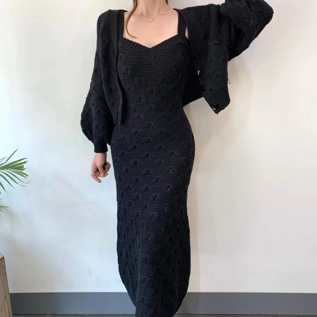 Sweet Hot Girl Suit Women's Autumn and Winter Singlebreasted Lantern Sleeve Knitted Cardigan Slim Strap Dress Twopiece Set