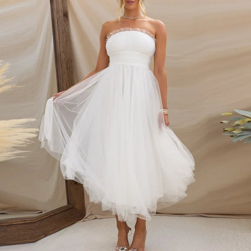 Women Fashion Bralette Mesh Long Dress Summer Elegant Hight Waist Solid Princess Dress Casual Sleeveless Party Evening Dresses