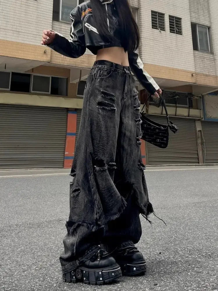 Washed Do Old Ripped Jeans Women Streetwear Hip Hop Retro Oversize Spliced Straight Denim Pants Y2k Causal Mujer Bottoms