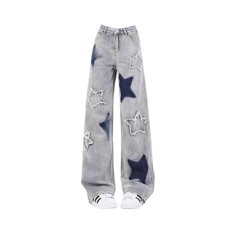 Women's Vintage Blue High Waist Star Jeans Korean Y2k 90s Aesthetic Baggy Denim Trouser Streetwear 2000s Wide Leg Pants Clothes